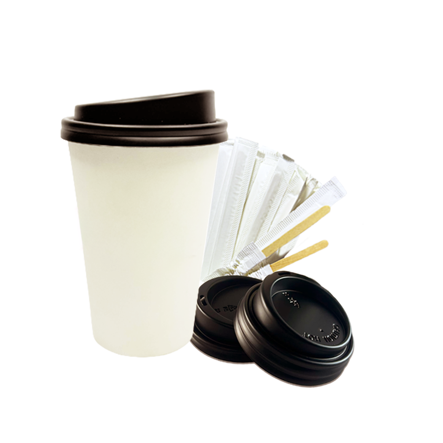 VASOS BLANCOS 12 OZ+TAPAS+AGITADORES