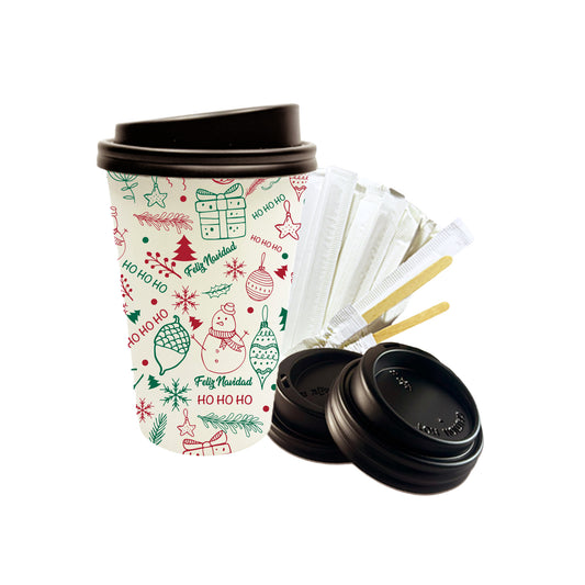 VASOS MODELO NAVIDEÑO  12 OZ+TAPAS+AGITADORES